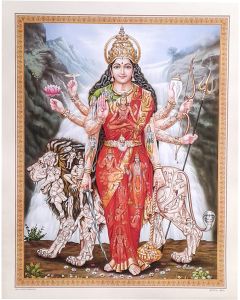 Goddess Durga with her vehicle Lion (Poster Size: 20"X16")