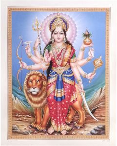 Goddess Durga with her vehicle Lion (Poster Size: 20"X16")