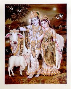 Divine Lovers : Radha Krishna with Cow (Poster Size: 20"X16")
